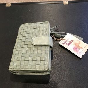 Genuine woven leather bifold tab wallet light sage green